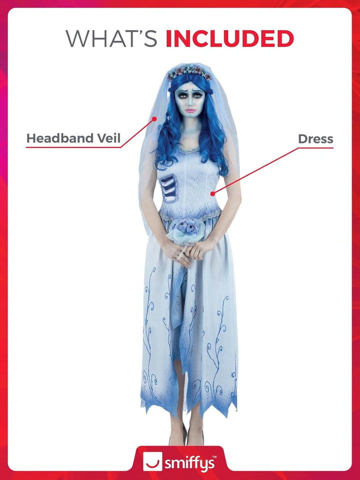 Smiffys Corpse Bride Emily Kostüm für Erwachsene, Kleid und Stirnband mit Schleier, offiziell lizenz