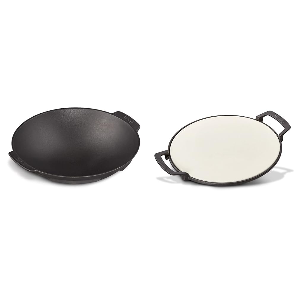 Enders Switch Grid Wok schwarz, aus massiv, emailliertem Gusseisen & SWITCH GRID Pizzastein, Halter