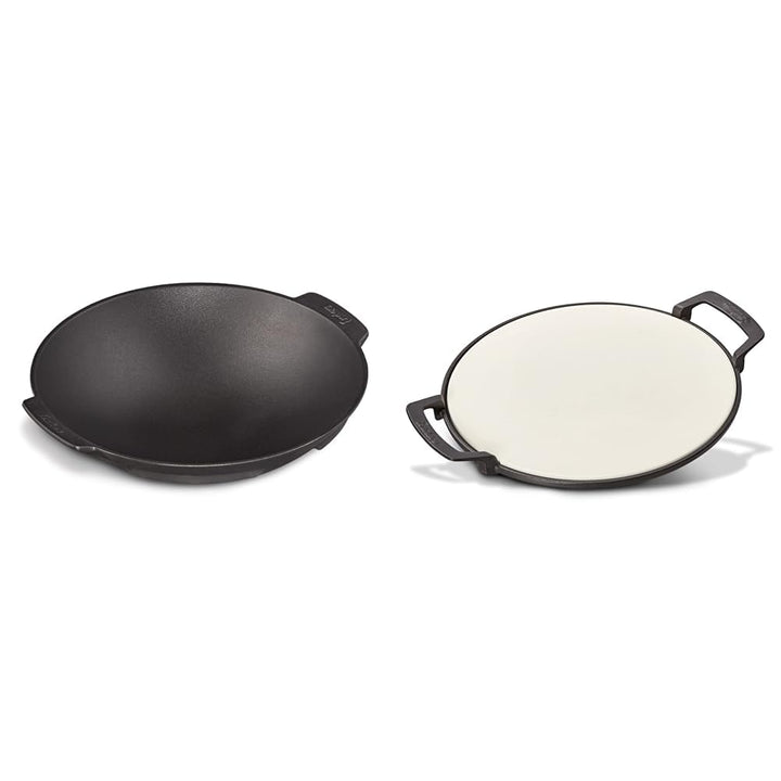 Enders Switch Grid Wok schwarz, aus massiv, emailliertem Gusseisen & SWITCH GRID Pizzastein, Halter
