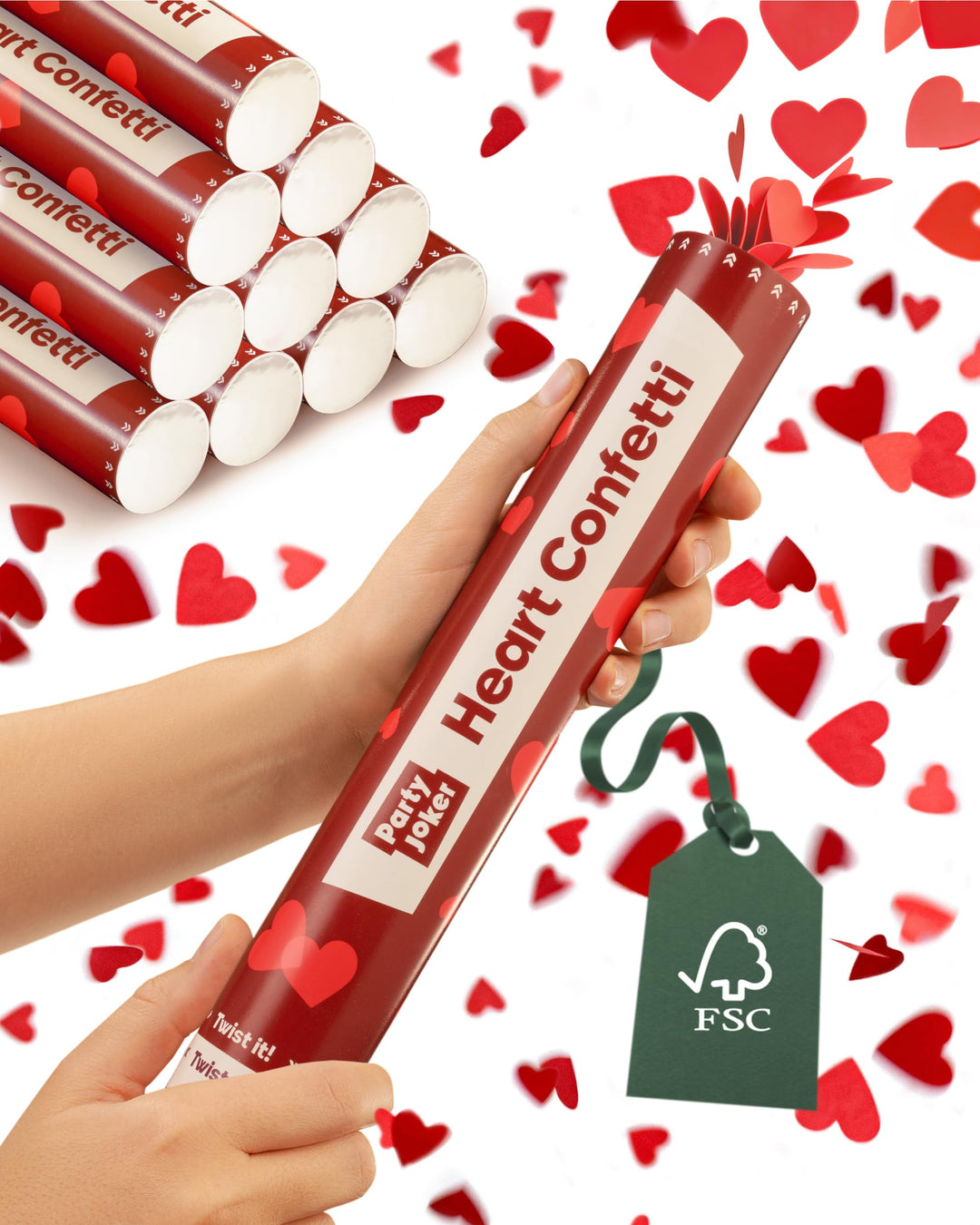 10 Konfettikanonen mit Herzen Rot - Biologisch abbaubares FSC® Konfetti - Einfach & Sicher zu Bedien