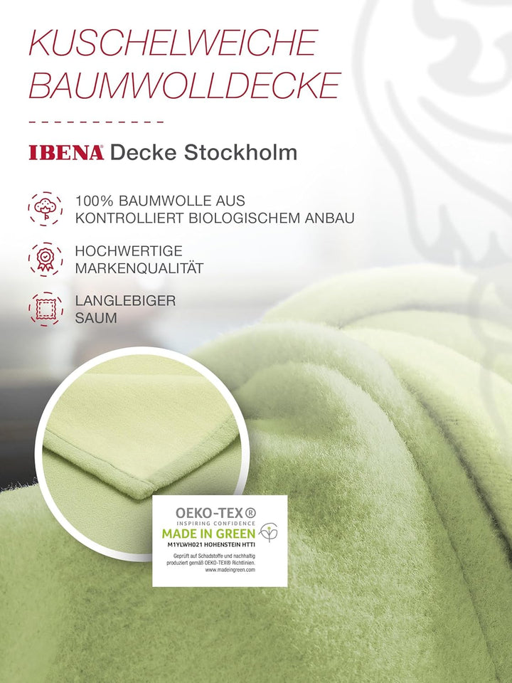 Ibena Stockholm Bio Wolldecke 140x200 cm - 100% Baumwolle, Made in Germany, Baumwolldecke grün hellg