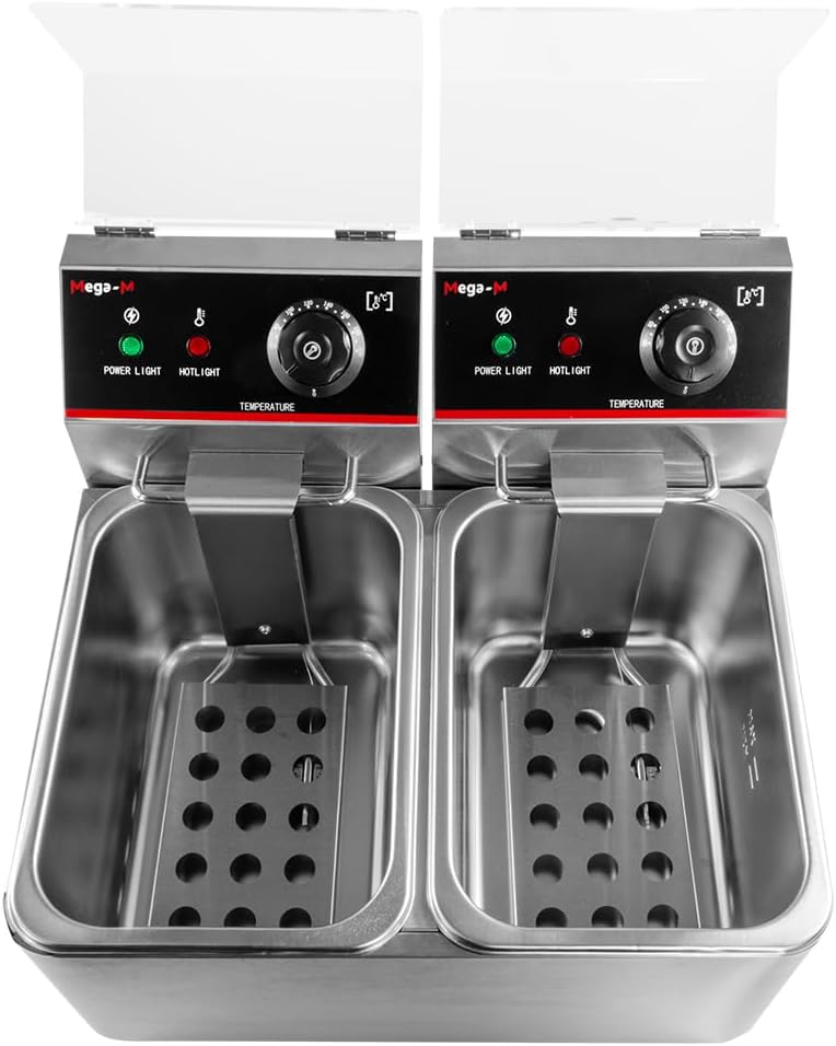 Mega-M Gastro-Fritteuse Elektro Zweikammer 2x4l 2x2kW, einstellbar mit Deckel, 45x40x30cm, Edelstahl