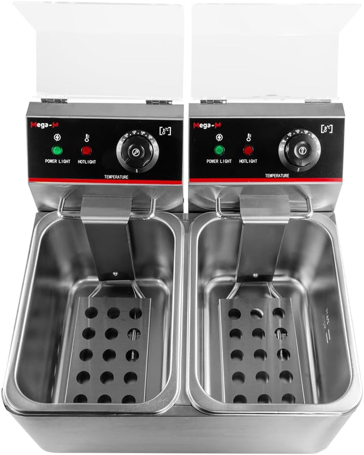 Mega-M Gastro-Fritteuse Elektro Zweikammer 2x4l 2x2kW, einstellbar mit Deckel, 45x40x30cm, Edelstahl