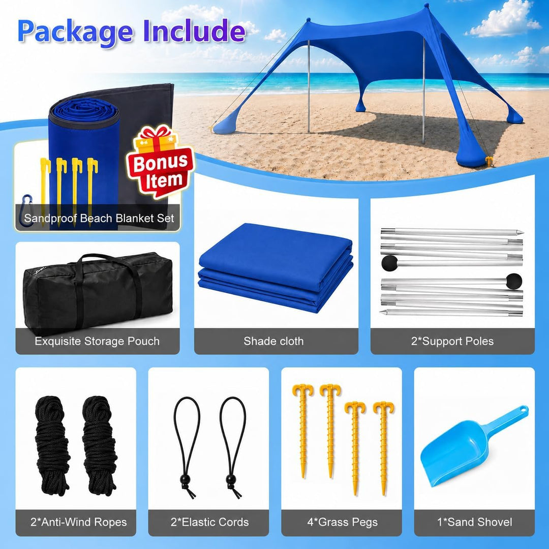 Strandzelt mit Strandmatte, LSF 50+ Hochschutz, 2x2x2m, inkl. Sandanker, Alu-Stangen & Tragetasche,