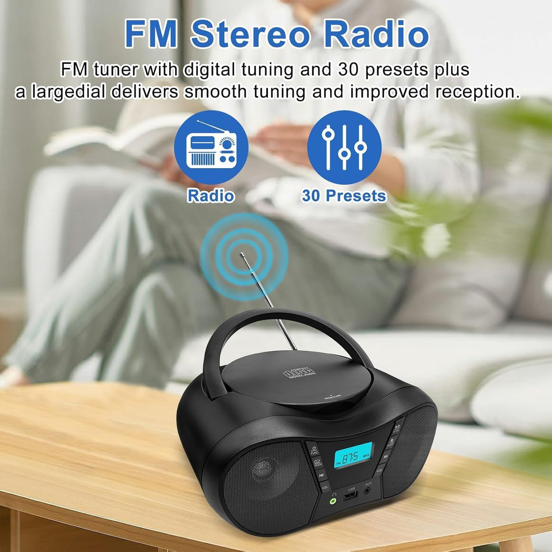 Tragbarer CD-Player Boombox mit FM-Radio, Bluetooth-Lautsprecher, AC/Batteriebetrieben, unterstützt