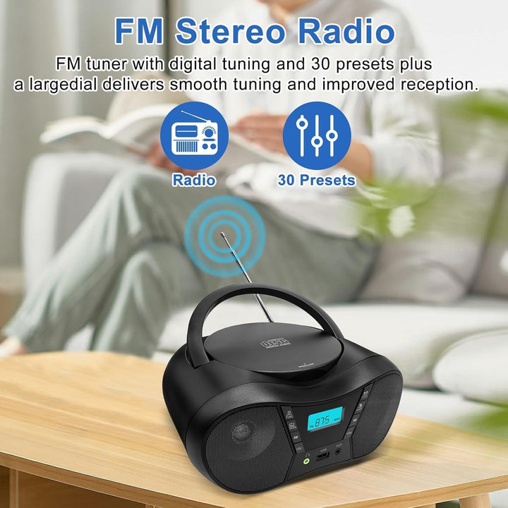 Tragbarer CD-Player Boombox mit FM-Radio, Bluetooth-Lautsprecher, AC/Batteriebetrieben, unterstützt