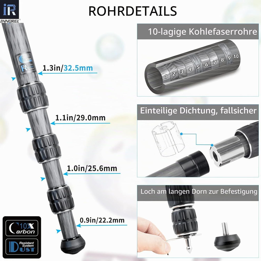 Kohlefaser-Stativ-INNOREL CT85C Ohne Kopf Super professionelles tragbares Reisestativ für DSLR-Kamer