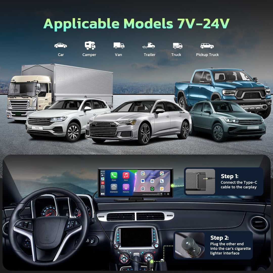 LAMTTO Wireless CarPlay Display 9.26" Kabelloses AppIe CarPlay & Android Auto Tragbares Car Play Tou
