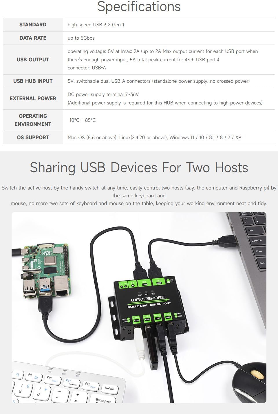 Waveshare Industrial Grade USB HUB, Extending 4X USB 3.2 Ports, Switchable Dual Hosts, Multi Protect