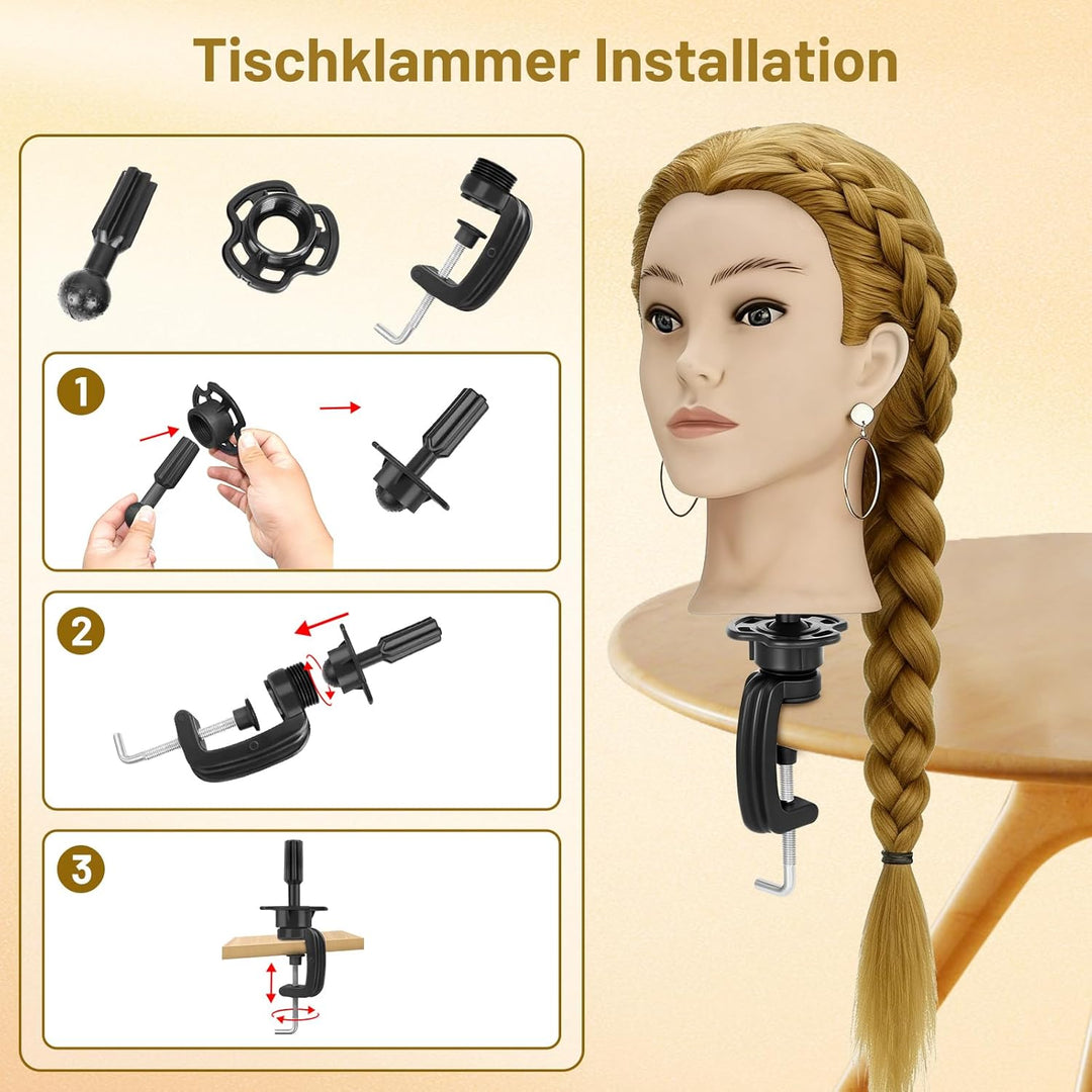 TwoWin Friseurkopf Echthaar mit Ohrlöchern, 60 cm (24 Zoll) 80% Haaren Mannequin Frisierkopf, Traini