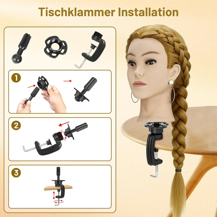 TwoWin Friseurkopf Echthaar mit Ohrlöchern, 60 cm (24 Zoll) 80% Haaren Mannequin Frisierkopf, Traini
