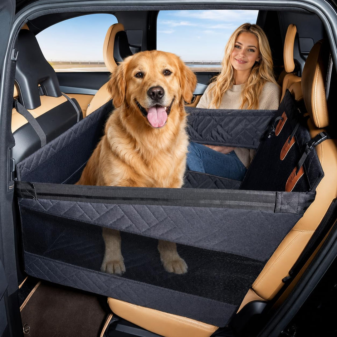 GOOGO Hunde Autositz für Rückbank, Wasserdichter Hundesitz Auto Rückbank mit Netzfenstern und 4 Befe