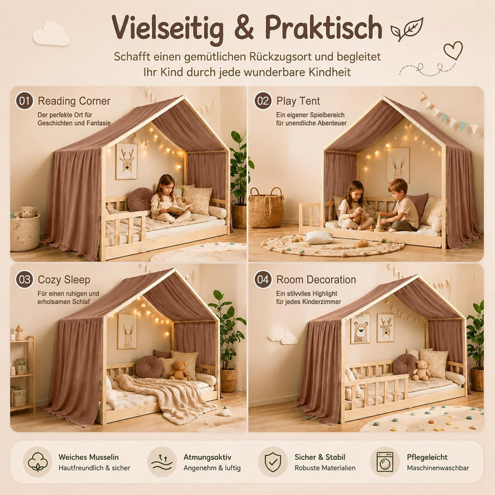 Hausbett Himmel Deko Set, Betthimmel Hausbett aus Musselin - 1 Betthimmel & 1 Wimpelkette, für Junge