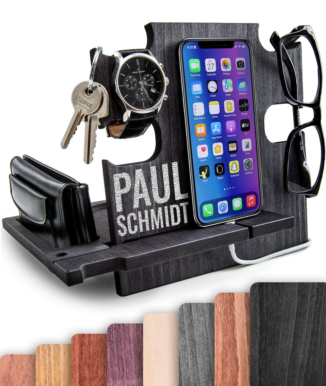 Docking Station Holz personalisiert – Männer Geschenk Geburtstag – Organizer für Schreibtisch & Nach