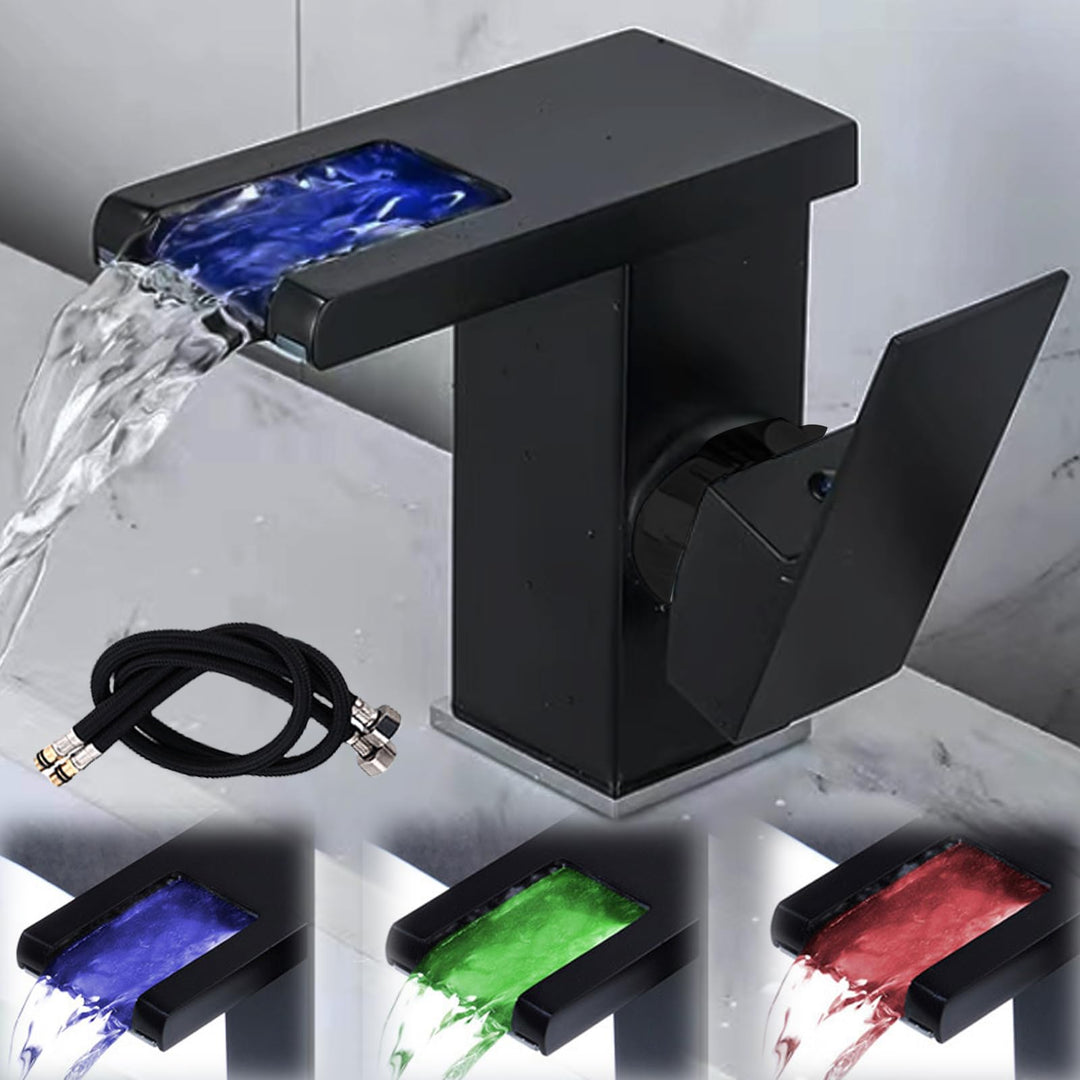 LED Lichter Bad Wasserhahn Schwarz, Wasserfall Armatur, 3 Farbe Waschbeckenarmatur, Warm- und Kaltwa