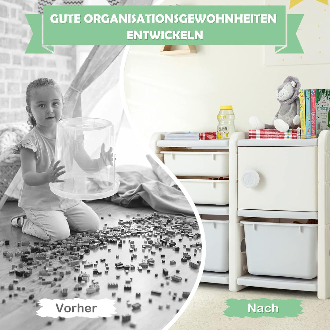 GOPLUS Kinderregal in Autoform, Multifunktionales Spielzeugregal mit 4 Boxen & 1 Schrank, Aufbewahru
