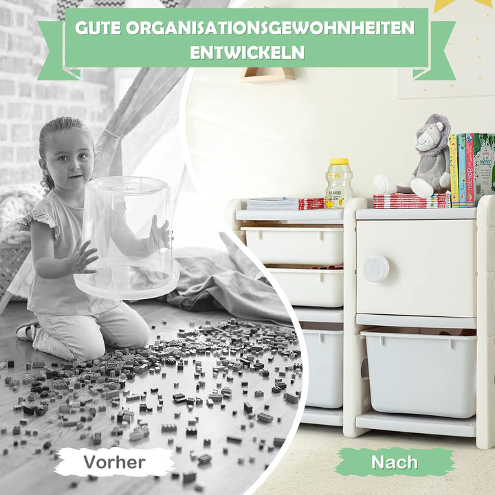 GOPLUS Kinderregal in Autoform, Multifunktionales Spielzeugregal mit 4 Boxen & 1 Schrank, Aufbewahru