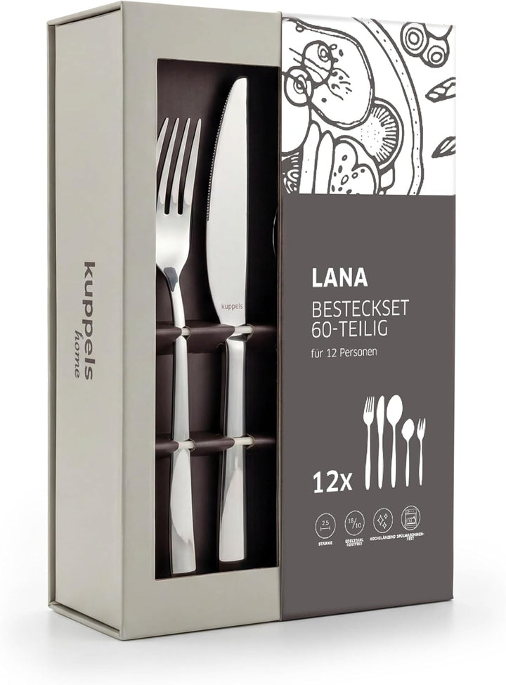 Kuppels Lana Besteck Set 12 Personen, 60-teilig - Silber | Besteckset, 18/10 Rostfrei Edelstahl, Mes