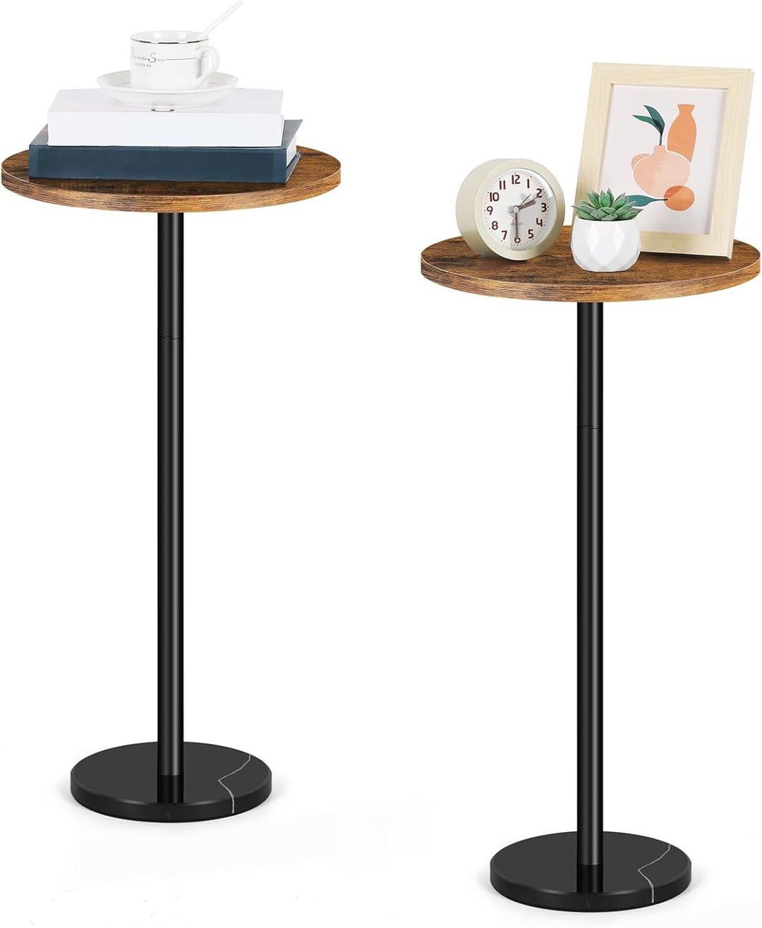 smusei 2 Pack Kleiner Retro Brauner Beistelltisch runder Couchtisch mit Marmorsockel Sofa-Beistellti