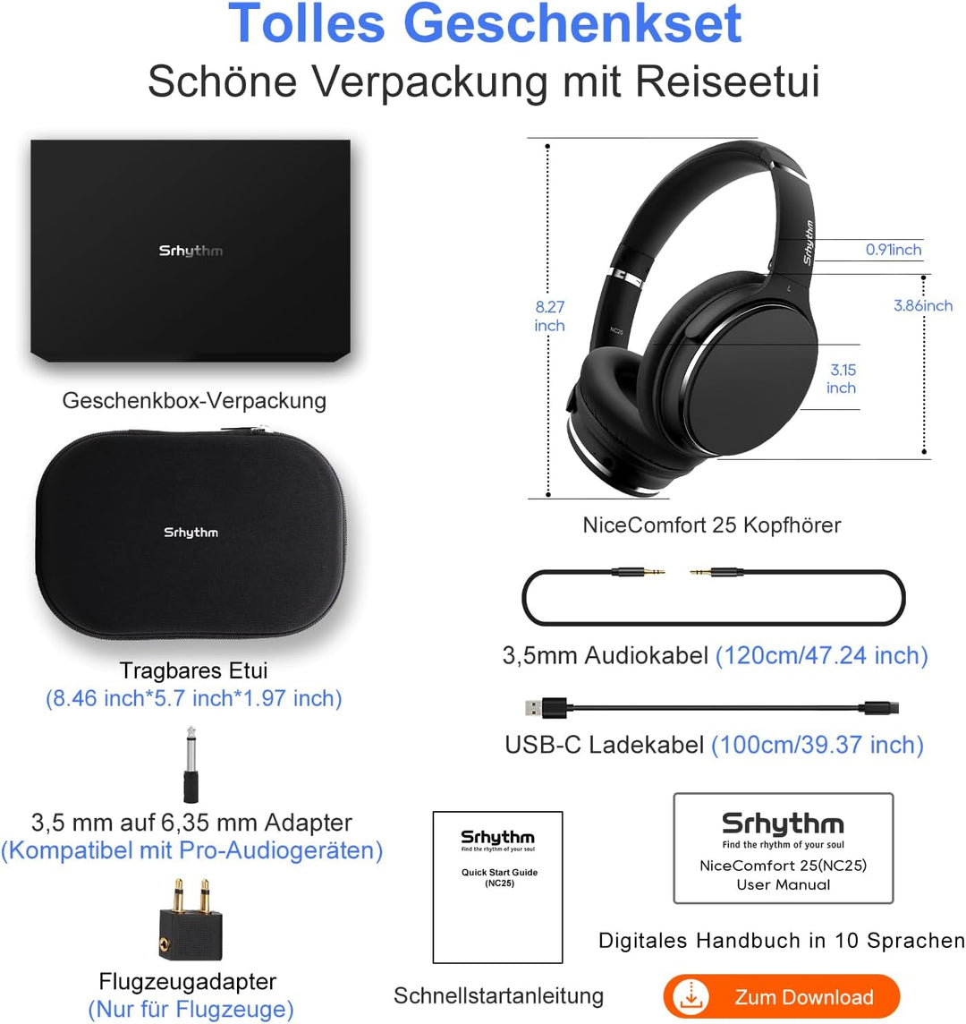 Noise Cancelling Kopfhörer Leichte,Srhythm NC25 Over Ear ANC Kopfhoerer Bluetooth Kabellos Faltbar m