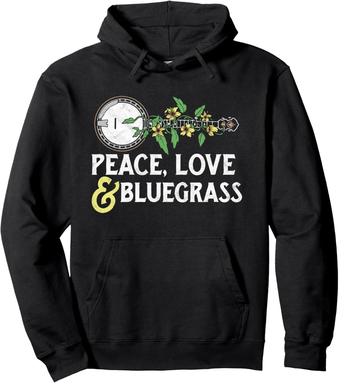 Peace , Love & Bluegrass - Banjo Nature Vines Illustration Pullover Hoodie