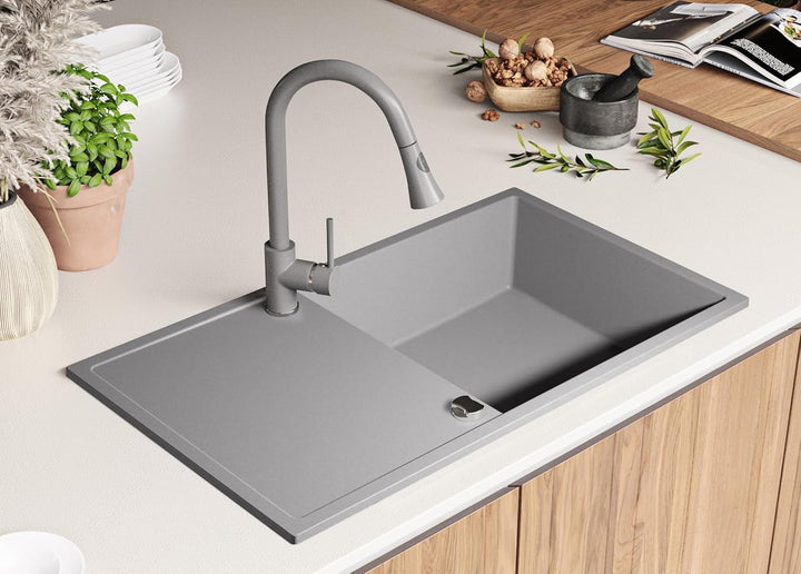 Spülbecken Grau 90x50 cm, Granitspüle 1 Becken XL + Ablauf-Set, Küchenspüle für 60er Unterschrank, E