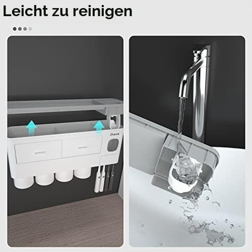 iHave Zahnbürstenhalter mit Zahnpastaspender, 4 Becher Zahnbürstenhalter Wand - Tablett mit grosser