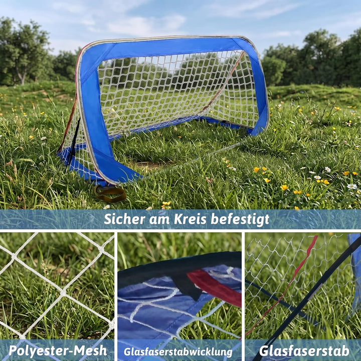 Fussballtore Kinder 2er Set: Pop-Up Fussballtor 120x70x70 cm, Blau, für Garten, mit Polyester-Netz,
