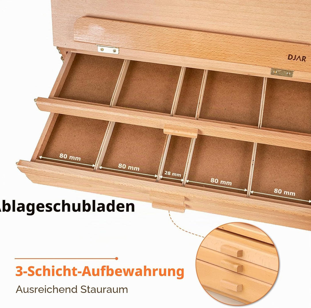 DJAR Tischstaffelei Holz mit 3 Schublade, Tisch-Skizzenbox aus Buchenholz, tragbare Künstler-Staffel