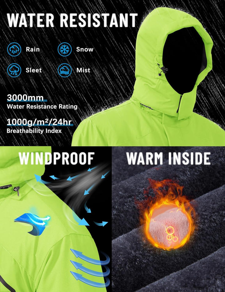 TACVASEN Herren Winter Wasserdichte Winddichte Winterjacke Warme Fleece-Futter Ski Regenmantel mit K
