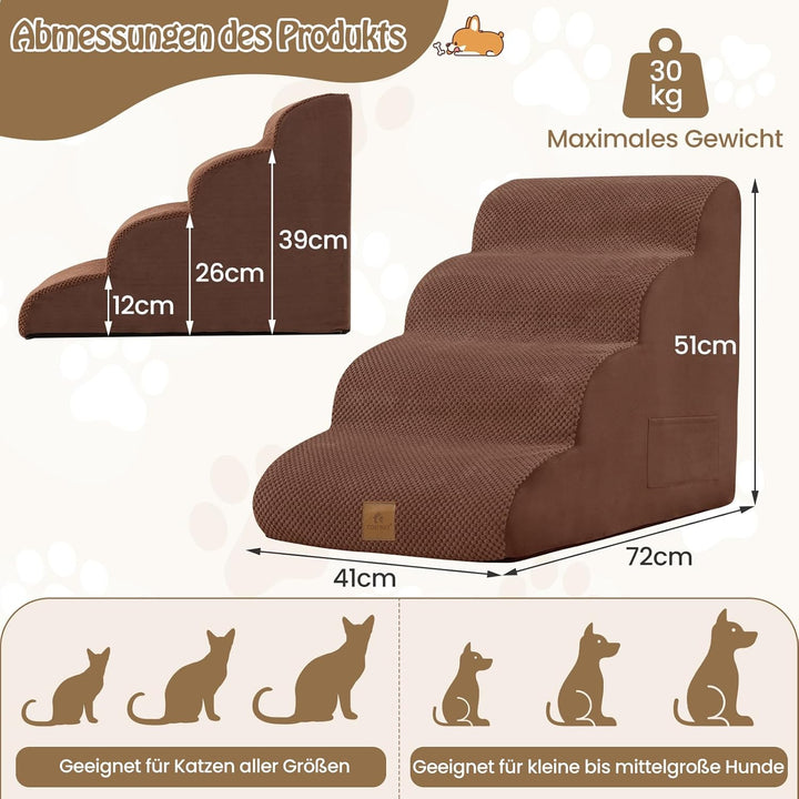 COSTWAY Hundetreppe 4 Stufen, rutschfeste Hundestufe aus Schaumstoff, inkl. Tasche, Haustiertreppe f