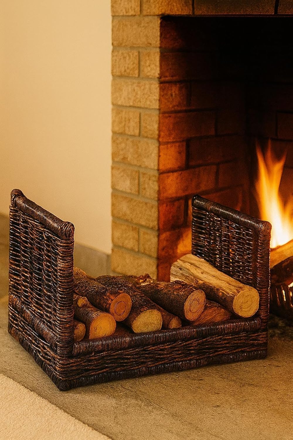 Kobolo Kaminholzablage Kaminholzregal - krabu Rattan - mit Leinenstoff - 75x44x45cm