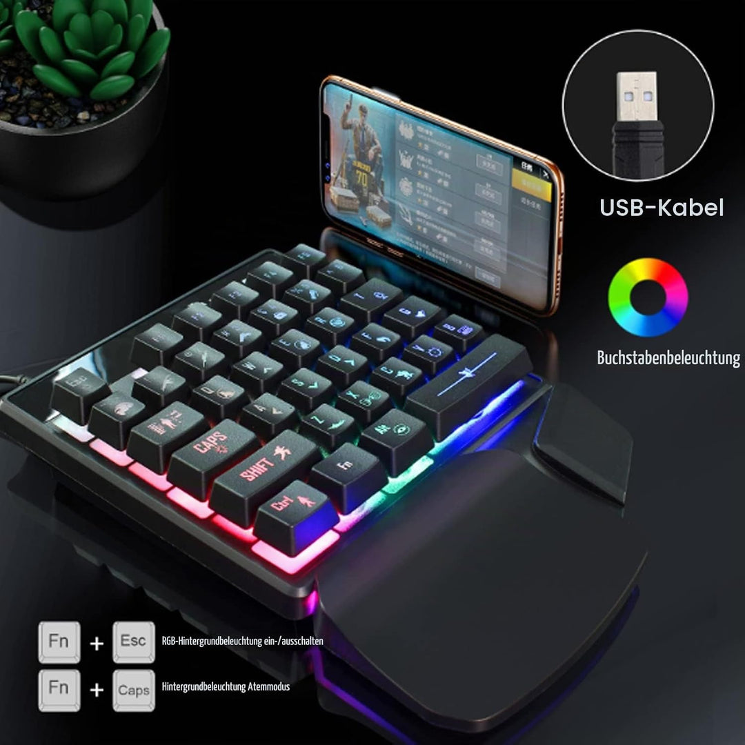 Einhändiges mechanisches Gaming-Tastatur-Maus-Set, 35 Tasten 7-Farben-Hintergrundbeleuchtung E-Sport
