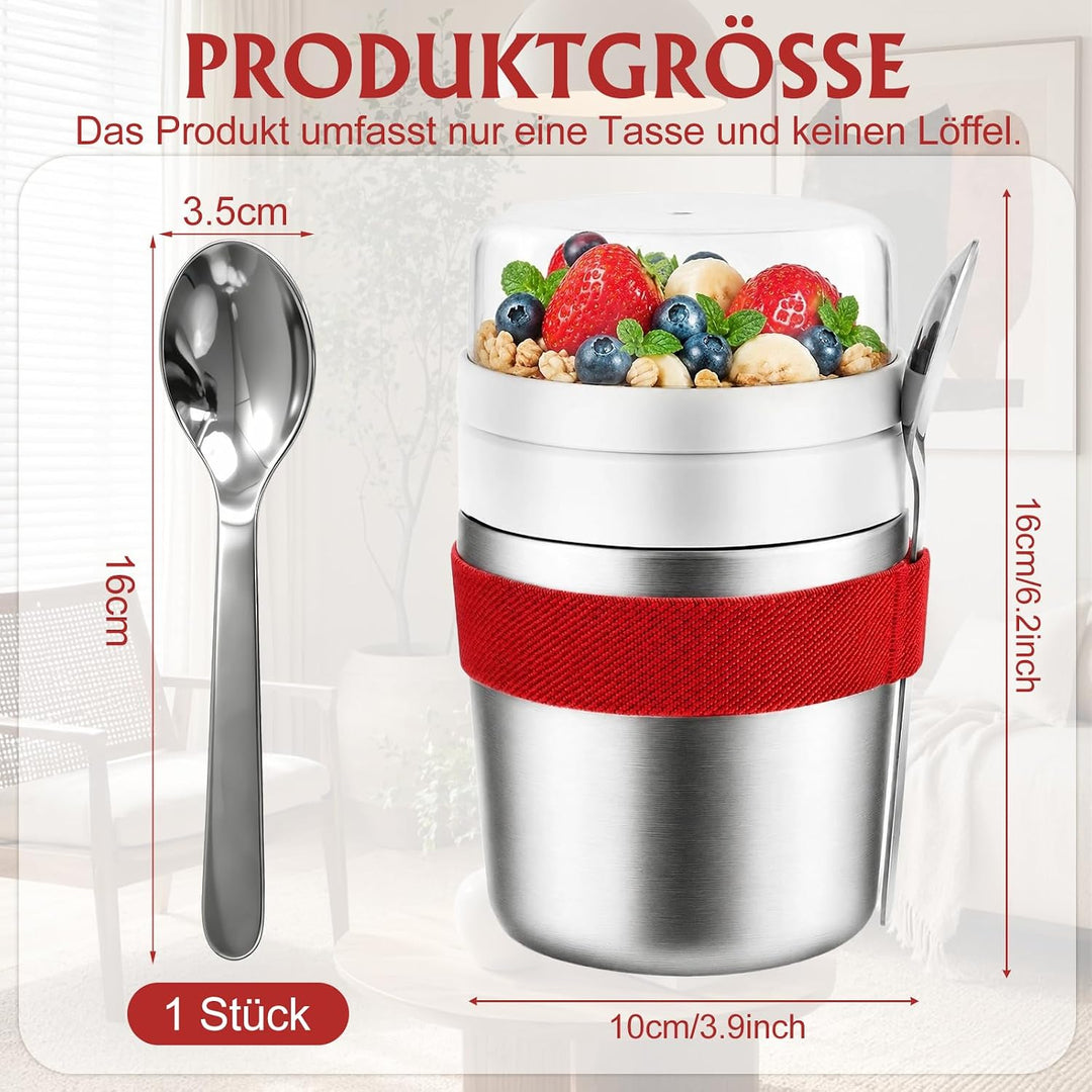 Edelstahl Müslibecher to Go mit Löffel, 500 ml + 220 ml Vakuumisolierter Joghurtbecher to Go Doppelt
