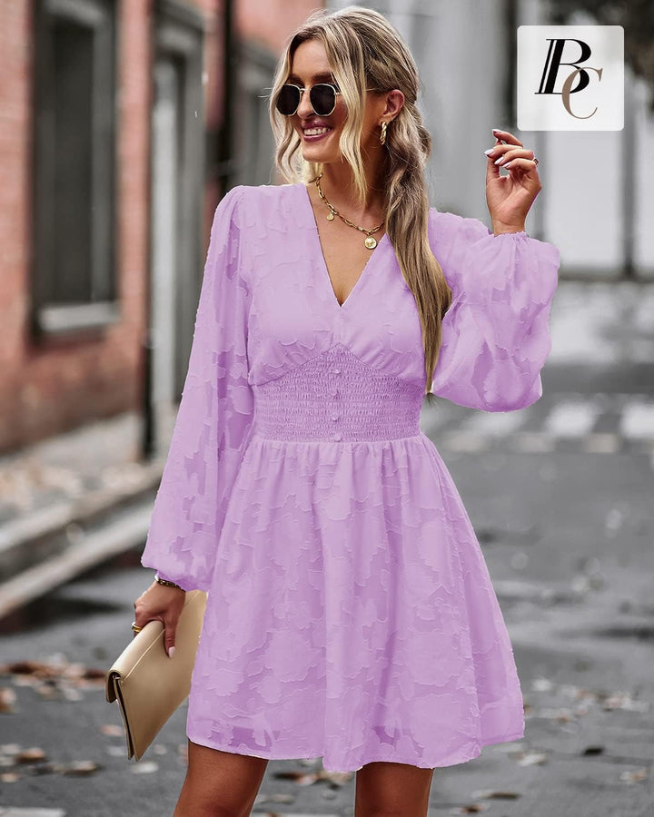 BebreezChic Kleid Damen Langarm Elegant V-Ausschnitt Minikleid Einfarbig Blumen Hohe Taille Plissee