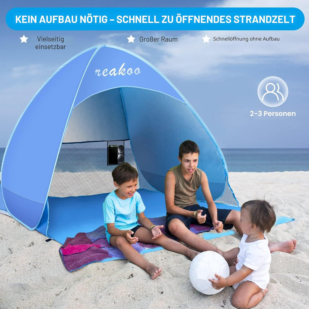 Strandmuschel Pop Up UV Schutz 50+, Tragbar Gross Strand Zelt, Automatisches Strandmuschel, Windschu