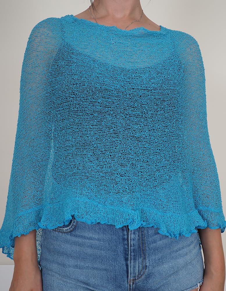 Mimosa Damen Schlichtes Stretch-Fischnetz häkeln Fledermaus kleiner Poncho Einheitsgrösse Türkis, Ei