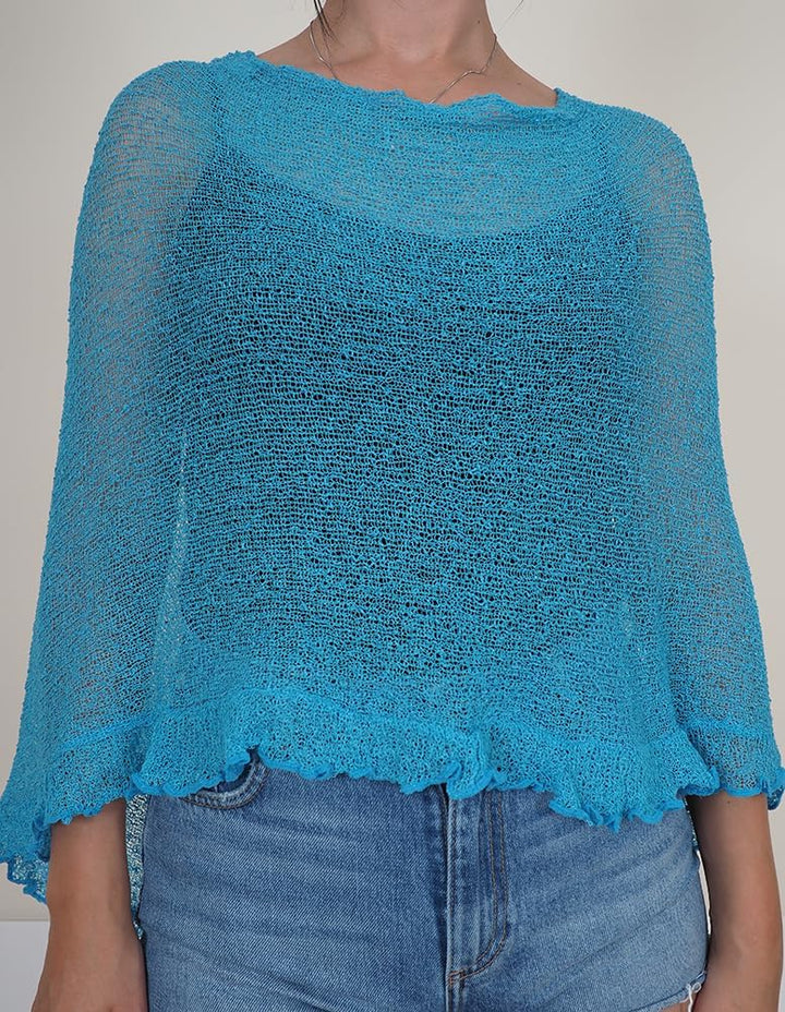 Mimosa Damen Schlichtes Stretch-Fischnetz häkeln Fledermaus kleiner Poncho Einheitsgrösse Türkis, Ei