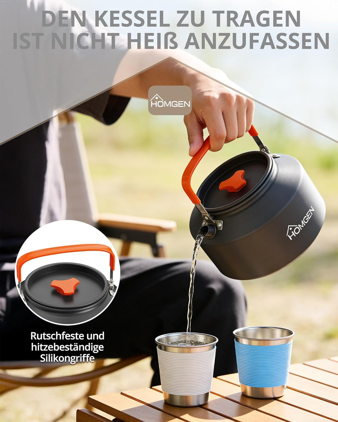 HOMGEN Camping-kessel 2 L tragbarer Campingkocher Aluminiumoxid-Wasserkocher Kochgeschirr mit Traget