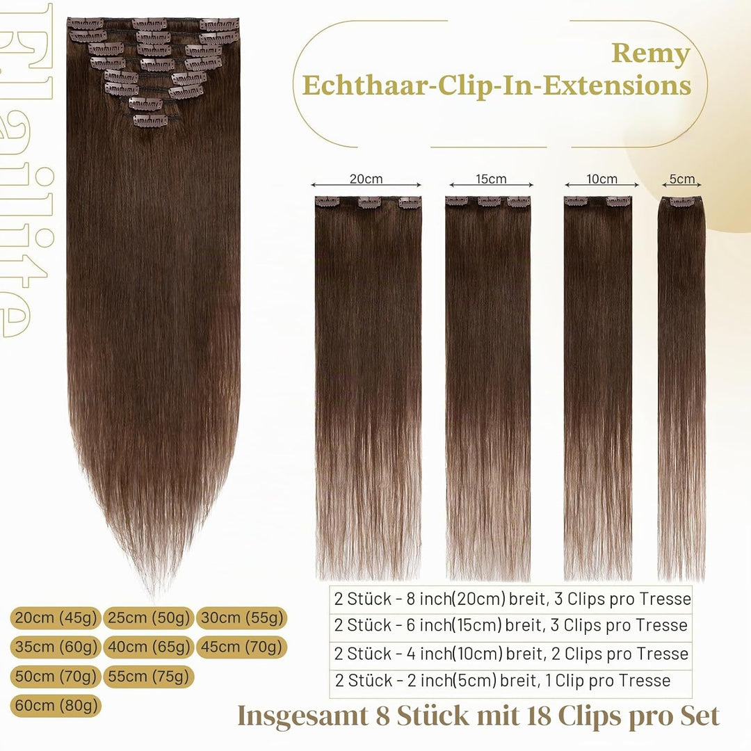 Elailite Extensions Echthaar Clip in 8 Tressen Glatt #4 Mittel braun, Haarverlängerung Real Human Ha
