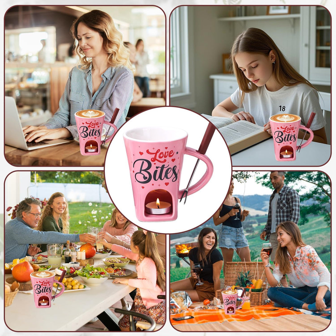 Keramik Schokofondue Tasse Set, 200ml Schoko Fondue Cup, Rosa Schokofondue Tasse mit Gabel und Teeli