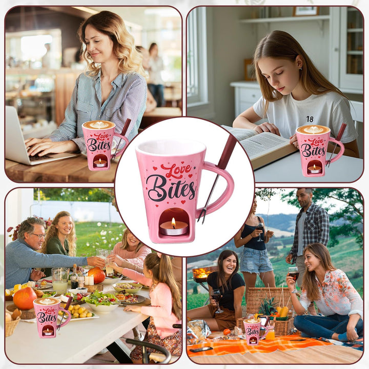 Keramik Schokofondue Tasse Set, 200ml Schoko Fondue Cup, Rosa Schokofondue Tasse mit Gabel und Teeli