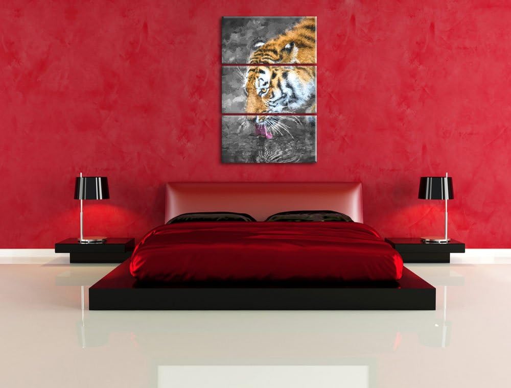 stolzer Tiger am Wasser schwarz/weiss Deluxe 3-Teiler Leinwandbild 120x80 Bild auf Leinwand, XXL rie