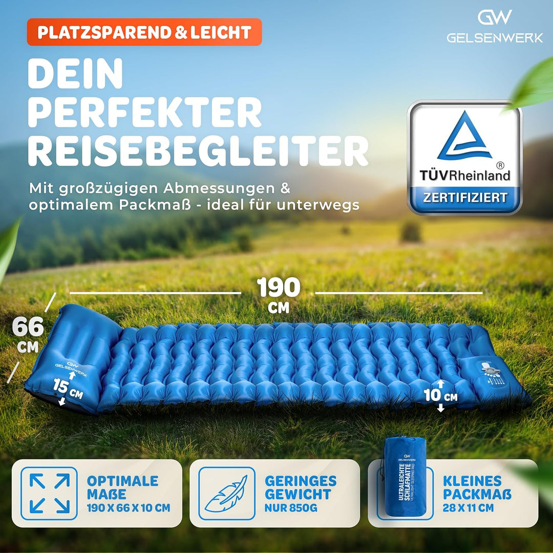 Isomatte Camping Ultraleicht 10cm & kleines Packmass - Camping Luftmatratze mit Fusspumpe & Kopfkiss