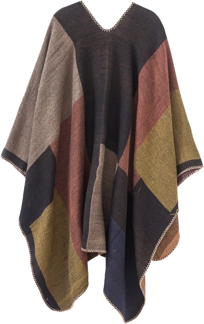 Damen Vintage Farbblocking Schal Wrap Open Front Poncho Übergrosse Winterdecke Elegant Cape Coat Ein