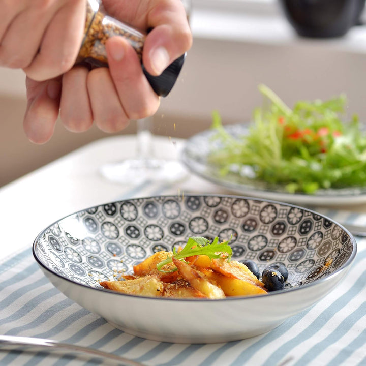 vancasso, Haruka 12 tlg. Porzellan Suppenteller Set, Tiefteller, Rund,700 ml Schwarz 12-teilig Suppe