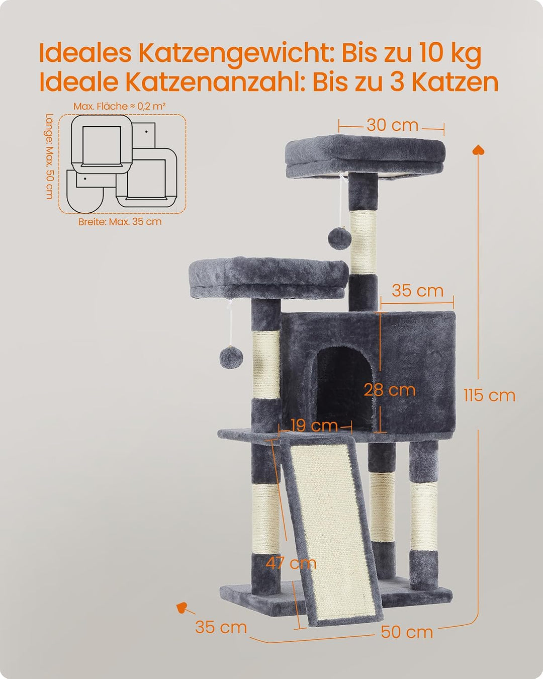 Feandrea Kratzbaum klein, Katzenbaum mit Kratzbrett, Plattformen, für Katze, weicher Plüsch, 115 cm,