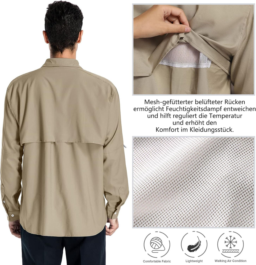 yeyity Outdoor Hemd Herren Langarm Safari Hemd UPF50 UV Schutz Funktionshemd Atmungsaktiv Button Dow