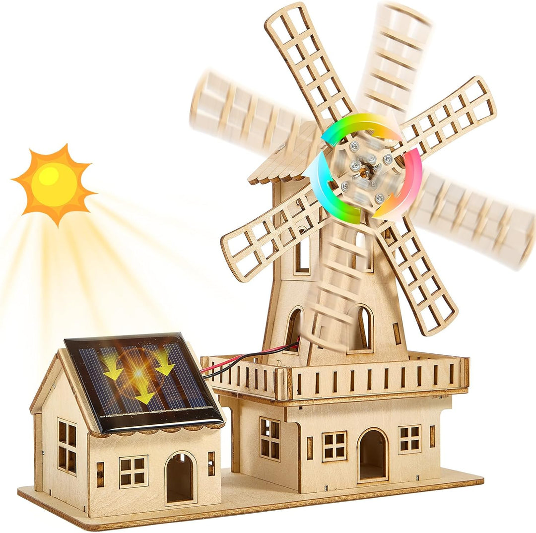 STEM Solarbetriebenes 3D Holzpuzzle - DIY Windmühlenhaus Bausatz,Wissenschaftliches Lernspiel für Ki