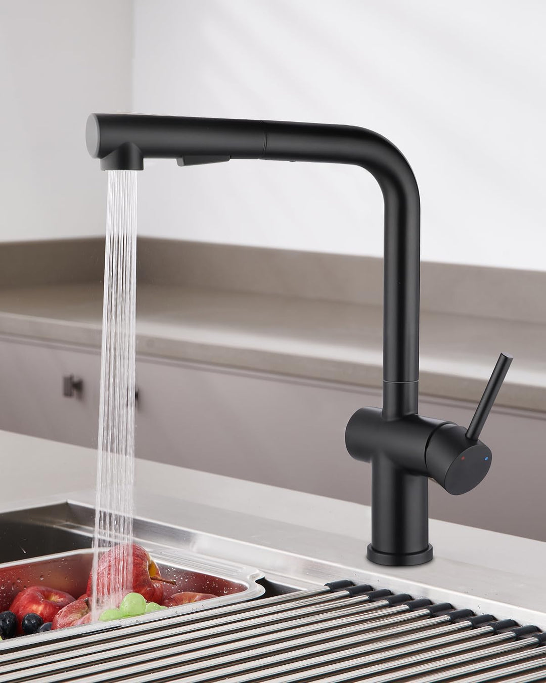 Küchenarmatur mit Brause Ausziehbar, Hochdruck Wasserhahn Küche Schwarz mit Zwei Wasserstrahlarten,